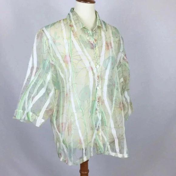 Beaded Sheer Top Faux Pearls L Petite Green Fairycore Boho Romantic Art To Wear - Picture 3 of 8